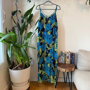 Black, Blue, & Green Floral Dress ~ Maxi ~ Leg Slits